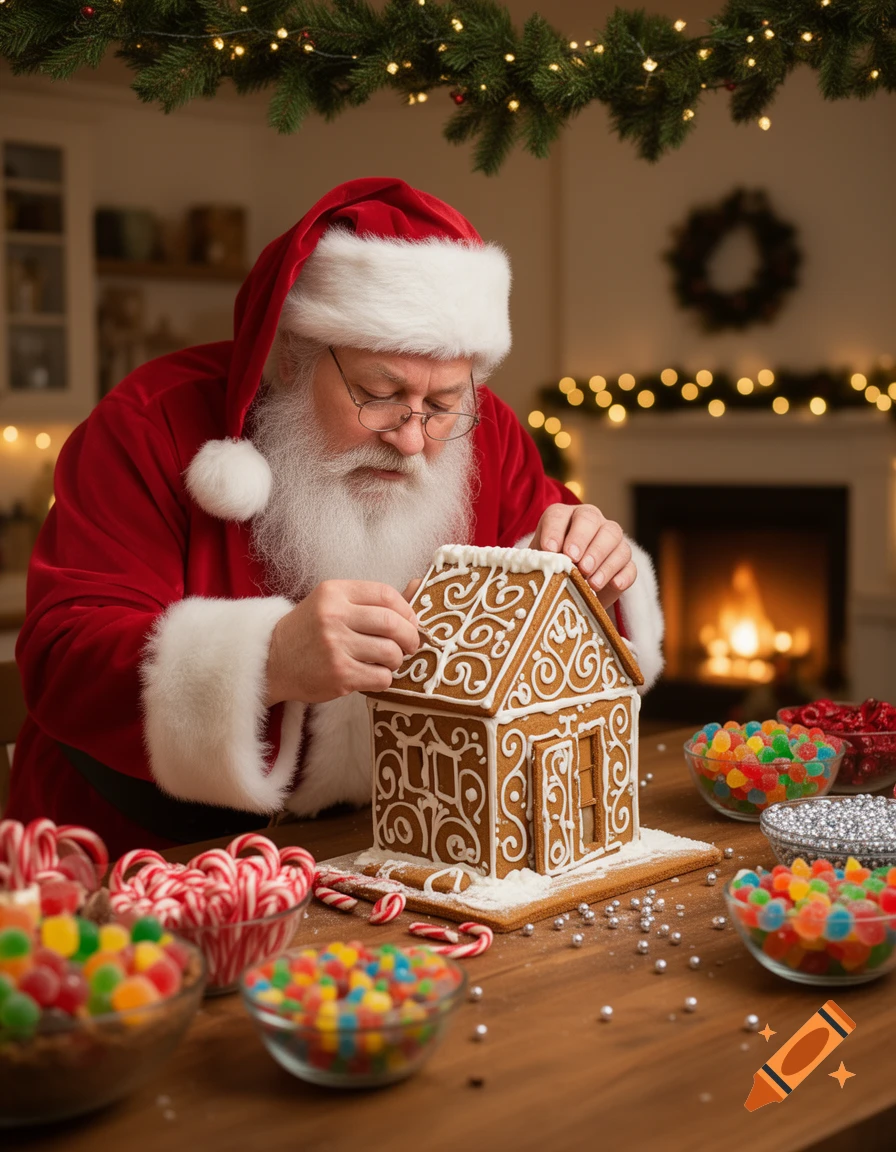 Santa Claus in a red suit decorates a gingerbread house on a wooden table, surrounded by candy and Christmas lights, with a fireplace in the background.