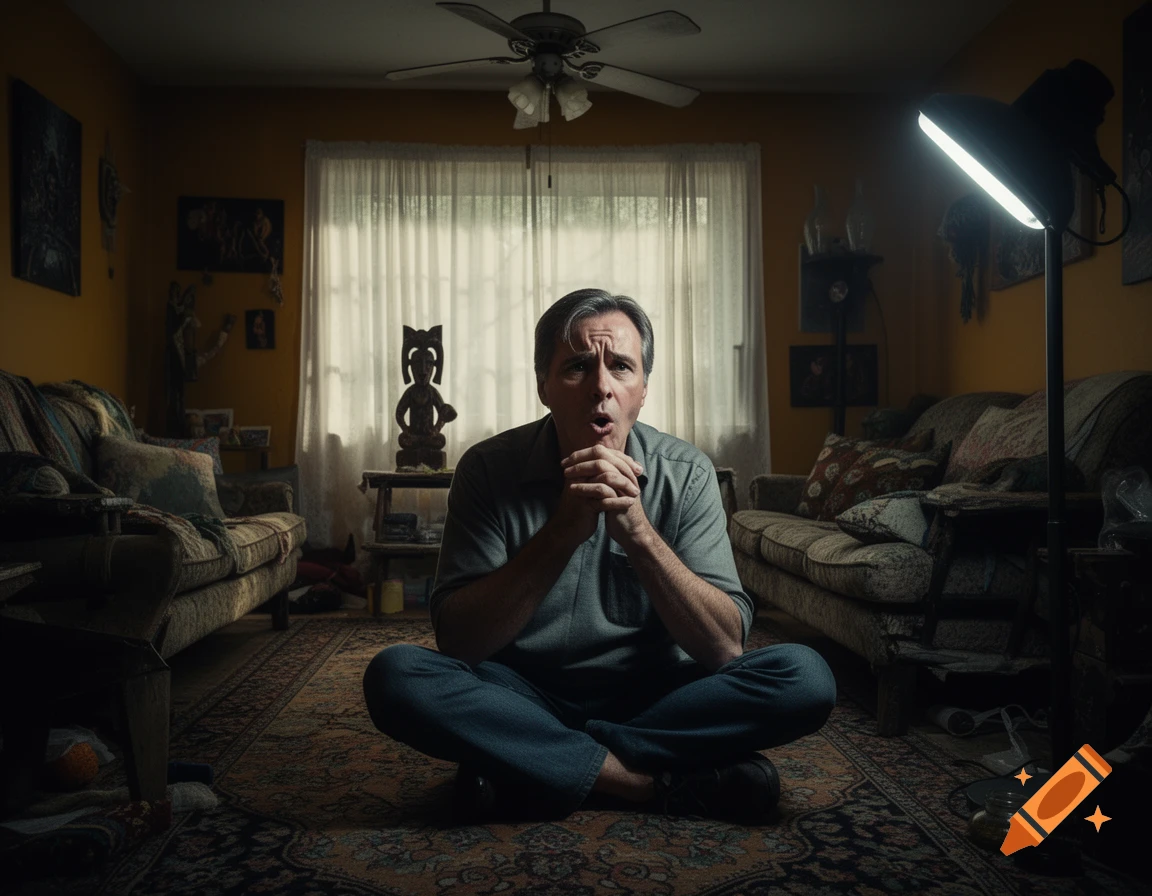 A distressed man sits cross-legged on a patterned rug in a dimly lit, cluttered living room, illuminated by a bright light.