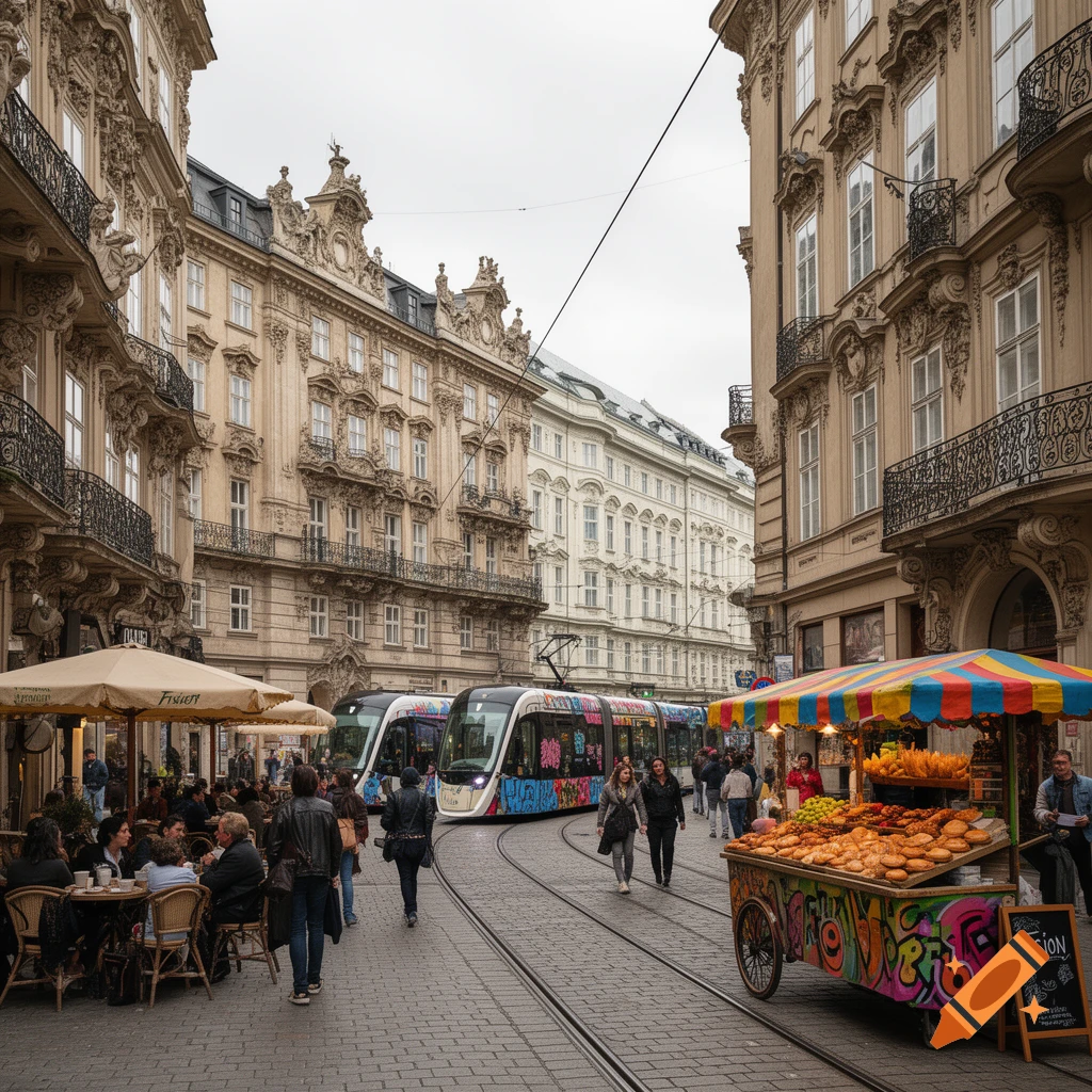 A photorealistic image of a bustling European city street lined with ornate buildings, featuring an outdoor cafe, trams, and a colorful market stall.