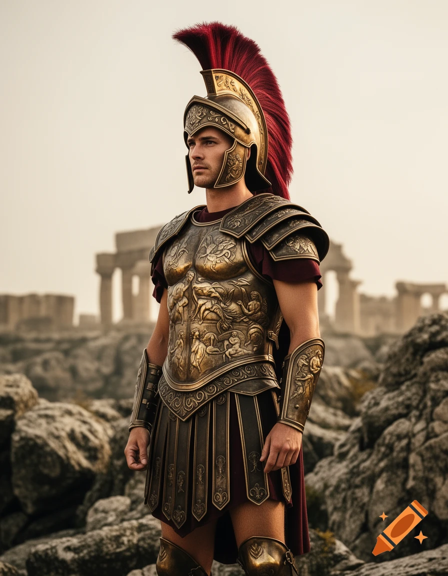 A warrior in elaborate golden Greek armor with a red plumed helmet stands in rocky ruins.