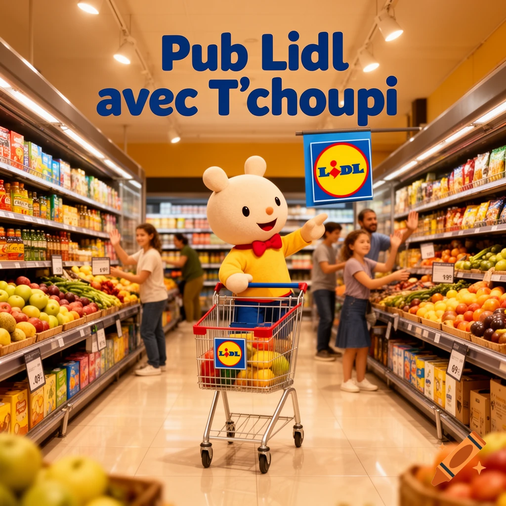 A cartoon bear-like character, T'choupi, in a shopping cart in a busy Lidl supermarket aisle with text 'Pub Lidl avec T'choupi'.