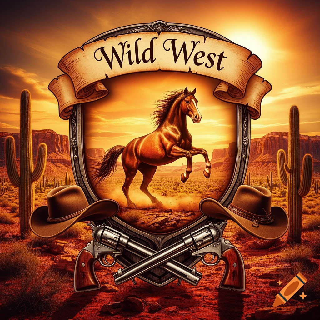 A detailed Western-themed emblem featuring a rearing horse, crossed revolvers, cowboy hats, and cacti in a desert sunset, with 'Wild West' on a banner.