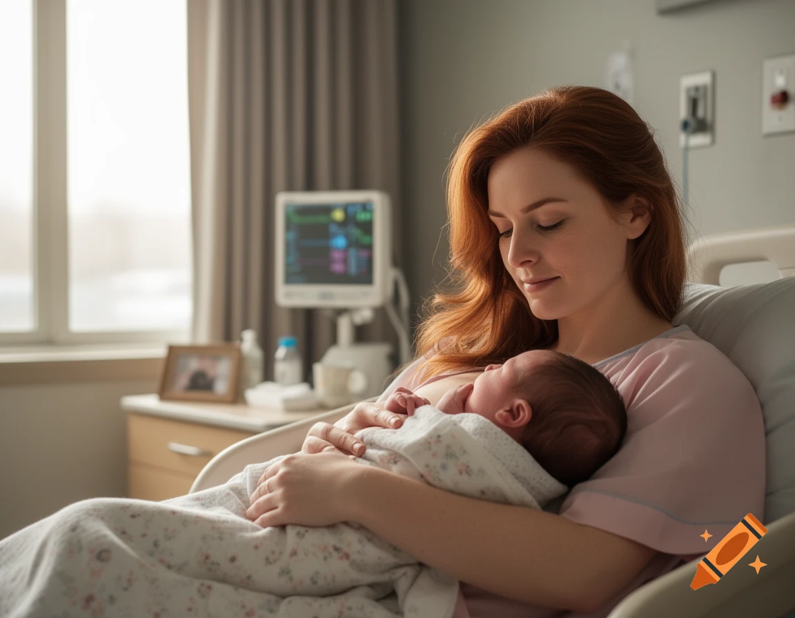 A mother with red hair gently breastfeeds her swaddled baby in a bright hospital room, looking down lovingly.