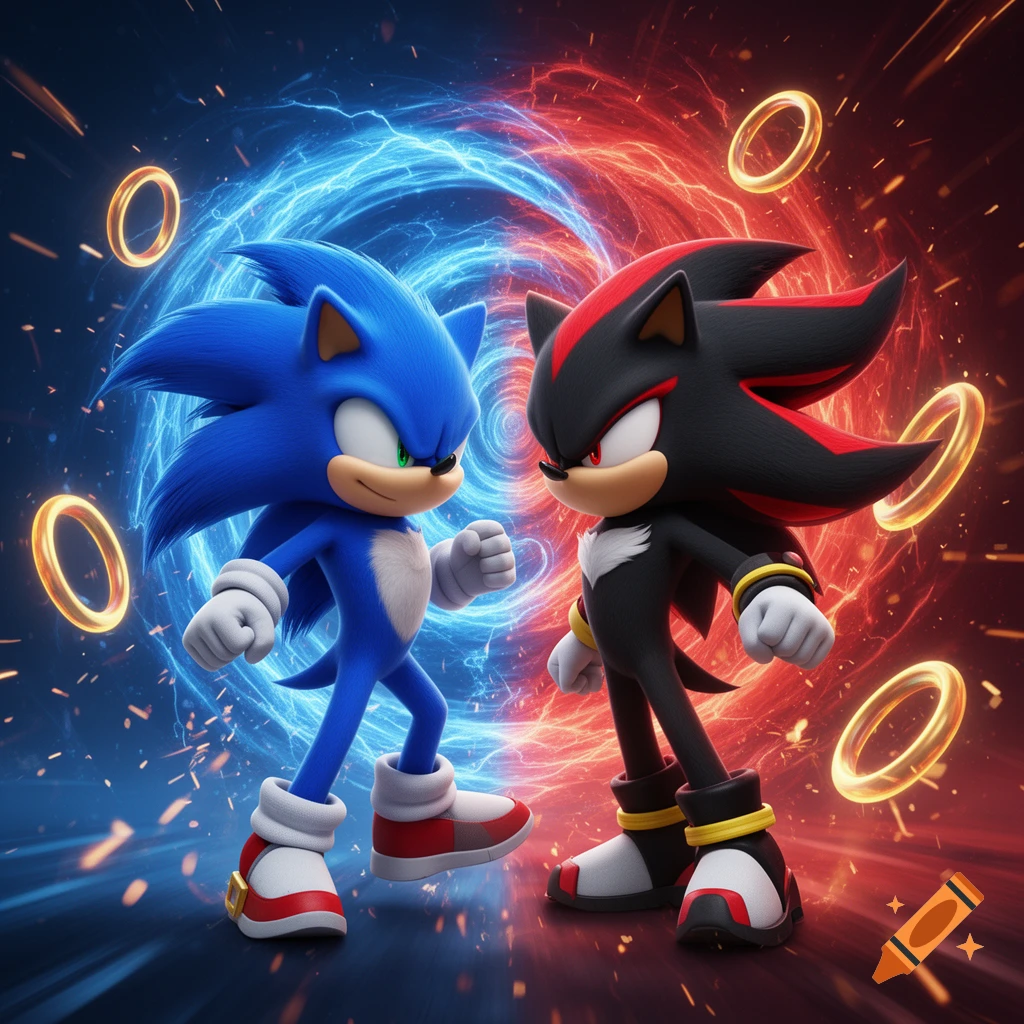Sonic and Shadow face each other amidst swirling blue and red energy with golden rings in the background.