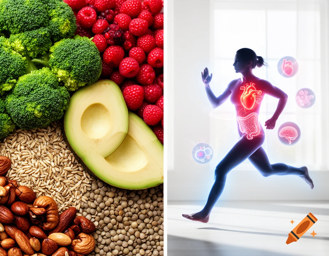 Vibrant split-screen with healthy foods (broccoli, berries, avocado, nuts) on left, and a glowing silhouette of a runner with illuminated organs on right.