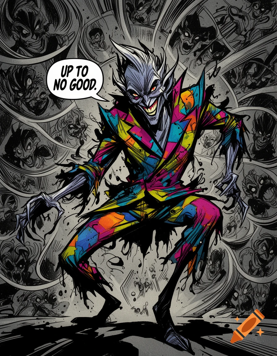 A grinning, monstrous character in a colorful patchwork suit says "UP TO NO GOOD" in a dynamic comic book style.