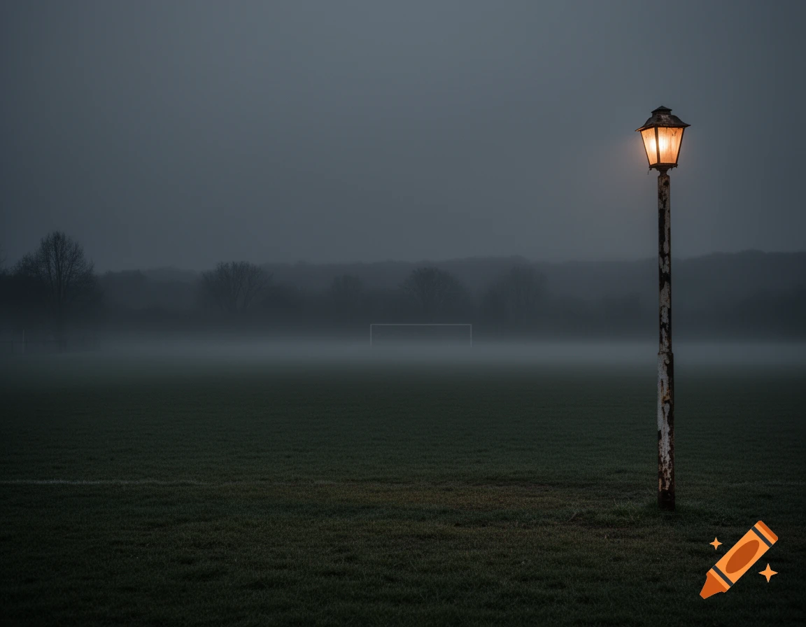 An old lamppost illuminates a dark, foggy football field with a distant goal in a photorealistic style.