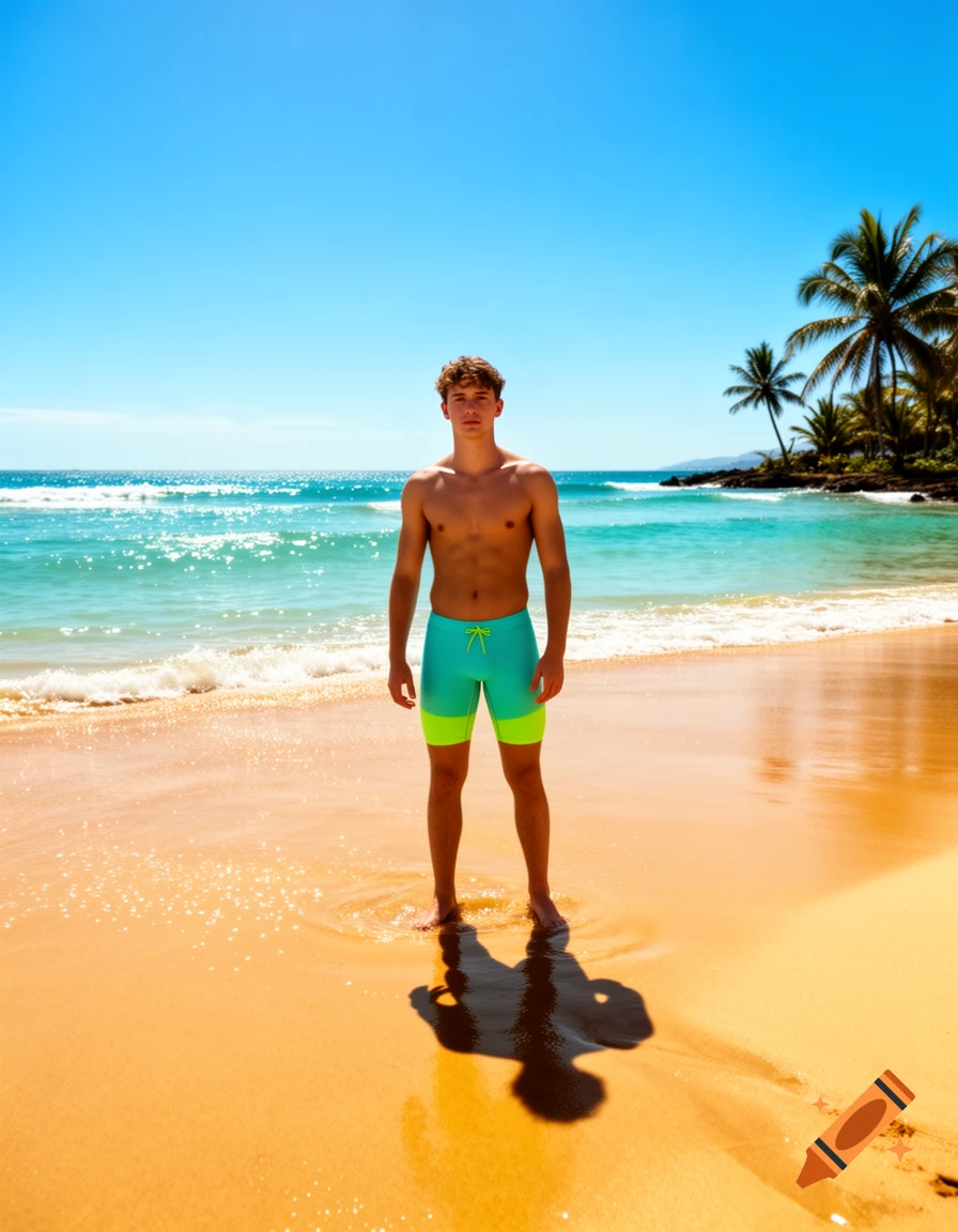 A young man in swim shorts stands on a sunny beach with clear blue water and palm trees.