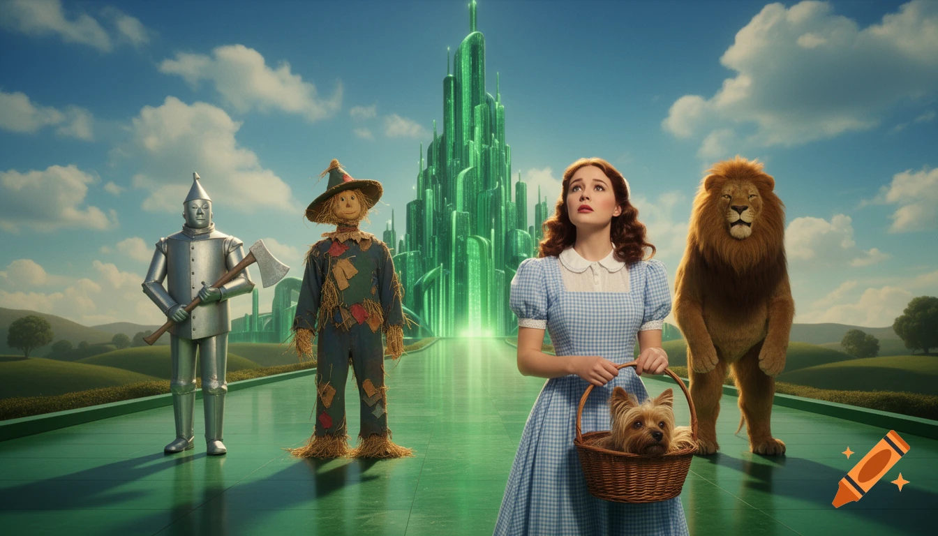 Dorothy, Toto, Scarecrow, Tin Man, and Cowardly Lion stand on a green path looking toward the glowing Emerald City.