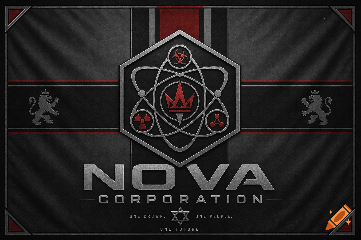 A black flag for "Nova Corporation" with a central silver hexagonal emblem featuring biohazard, radiation, molecular, and crown symbols, flanked by two crowned lions.