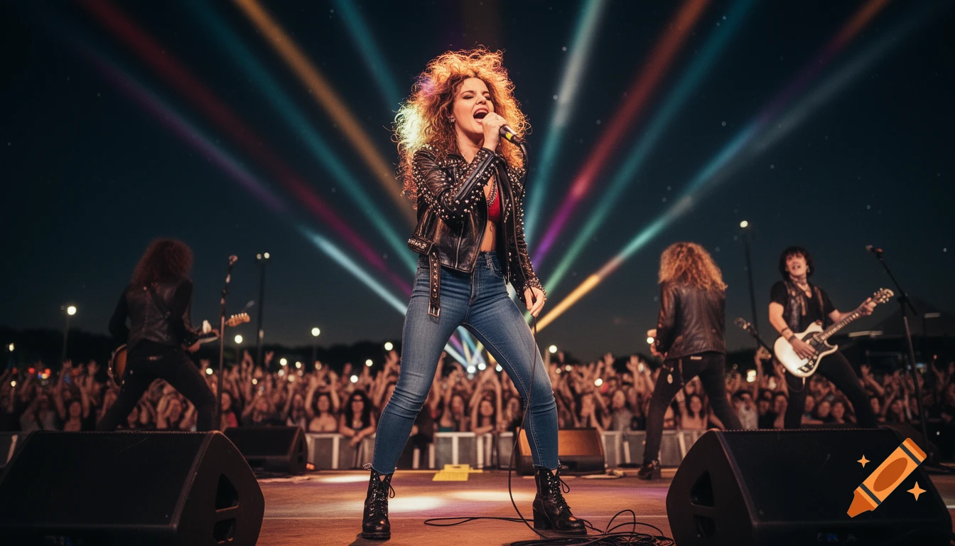 A female rock singer performs on stage at night, lit by colorful spotlights, with her band and a large crowd in the background.