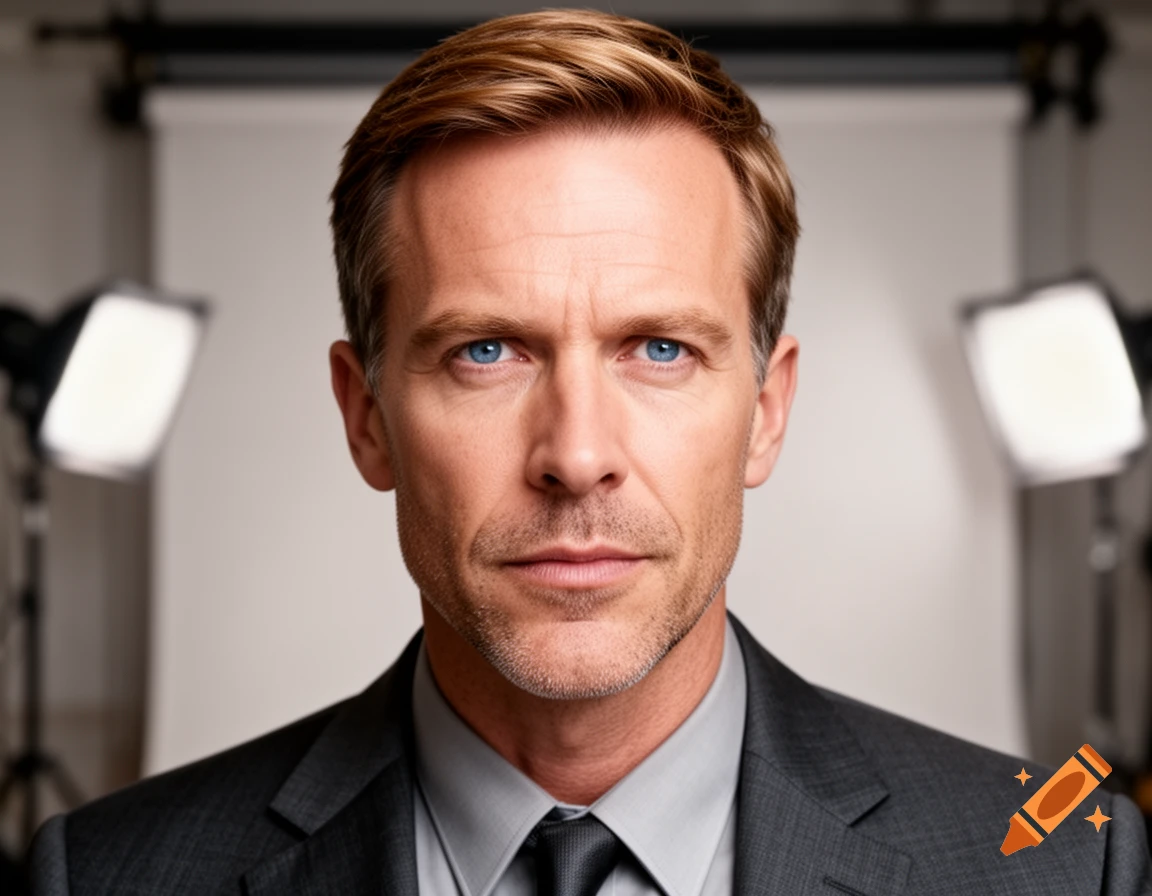 Photorealistic close-up portrait of a fair-skinned man with blue eyes and short brown hair in a suit and tie, against a studio backdrop with lights.