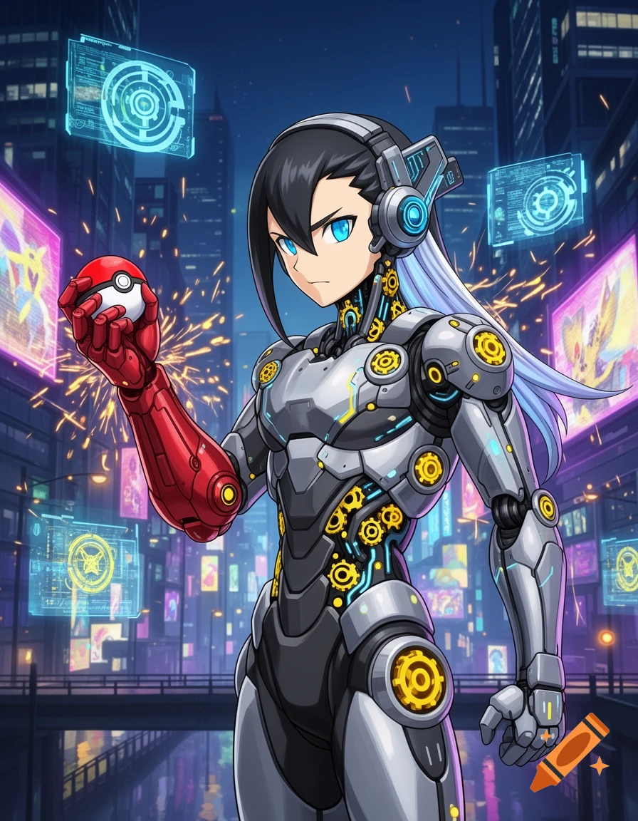 An anime cyborg trainer with a red mechanical arm holds a Pok\u00e9 Ball in a futuristic city.