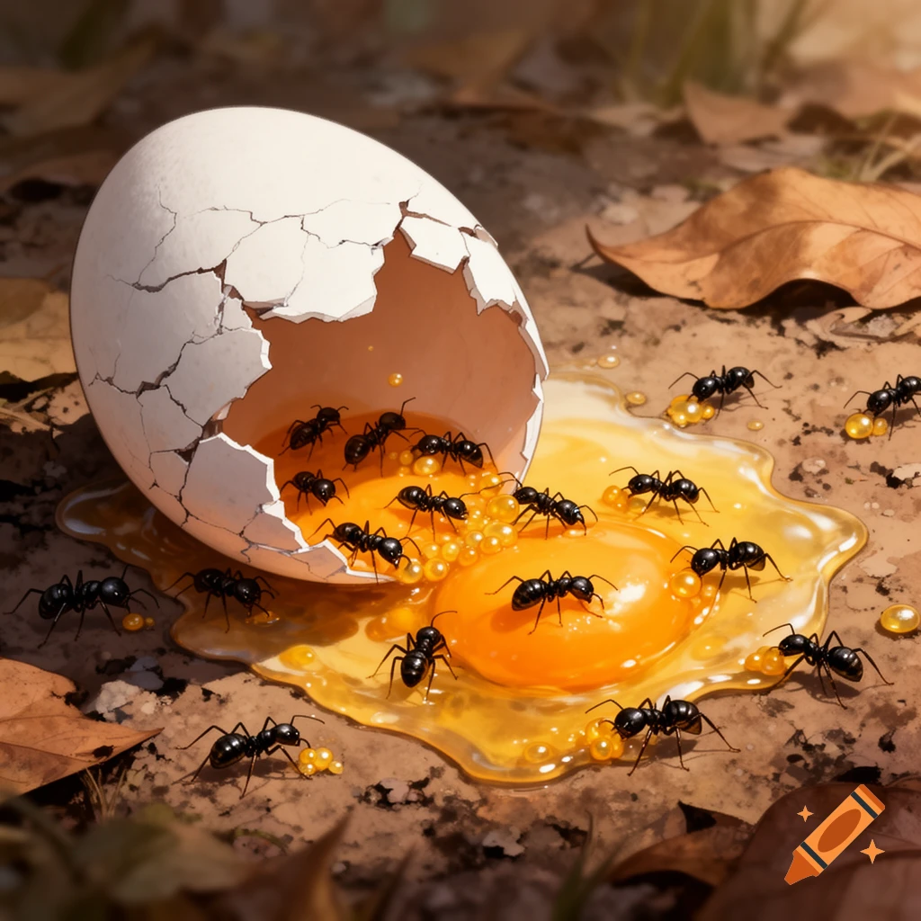 A detailed illustration shows a cracked egg on the ground, its spilled yolk and albumen being eaten by many black ants.