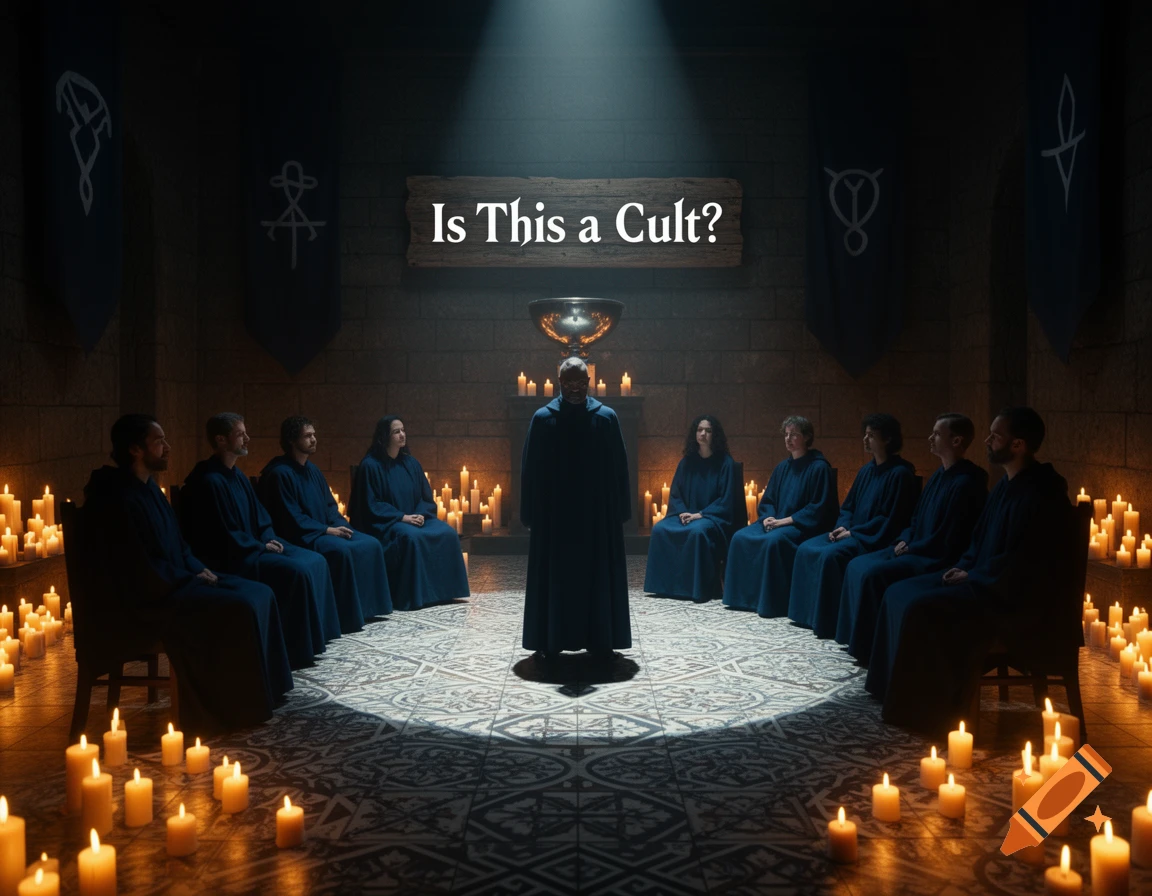 A group of robed figures gather in a candle-lit circle, facing a central leader, beneath a sign reading "Is This a Cult?"