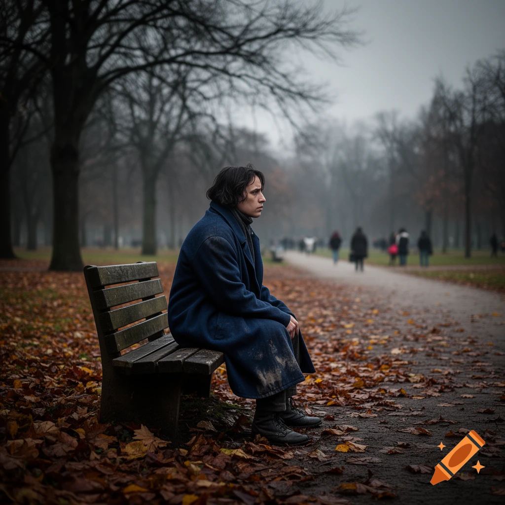 A person with dark hair sits alone on a park bench covered in autumn leaves, wearing a blue coat, on a foggy day.