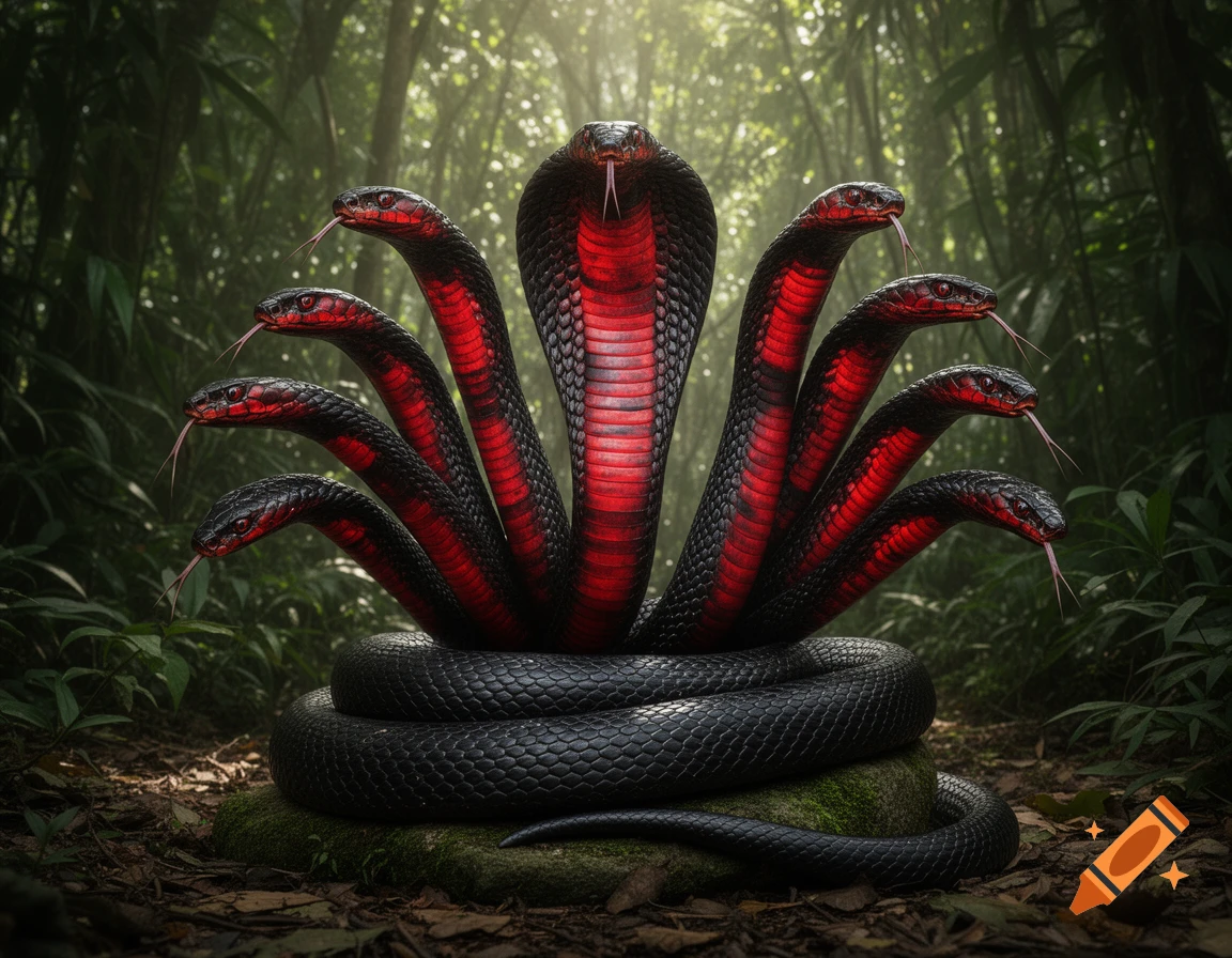 A photorealistic nine-headed black and red cobra with fanned heads and coiled body in a lush jungle.