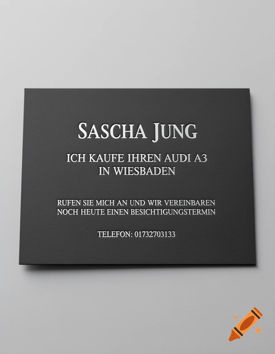 A dark gray business card with white text for Sascha Jung, stating "I buy your Audi A3 in Wiesbaden" and providing a phone number for an appointment.
