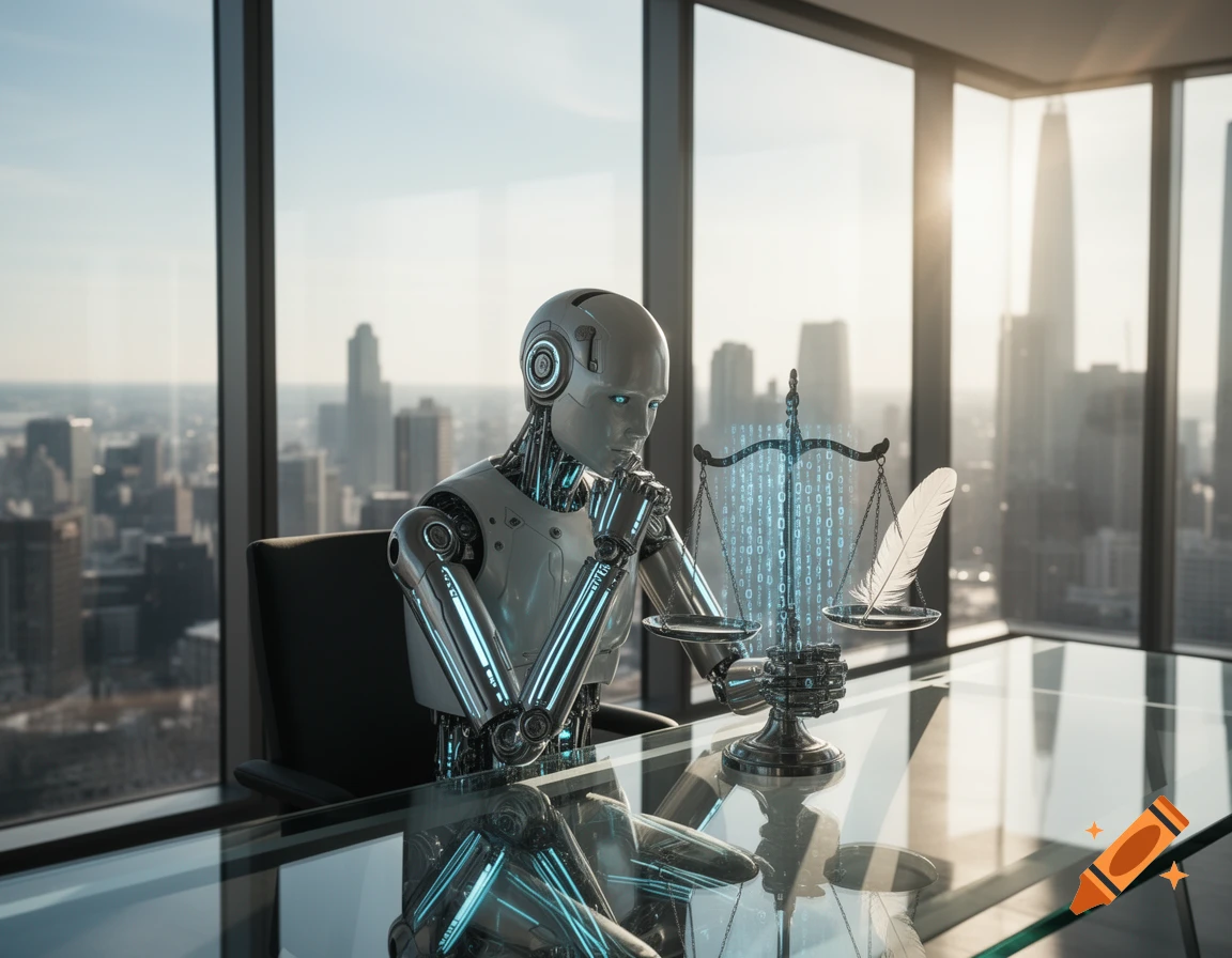 A sophisticated robot sits at a glass desk, contemplating a scale of justice with binary code on one side and a feather on the other, in a modern office with a city skyline view.