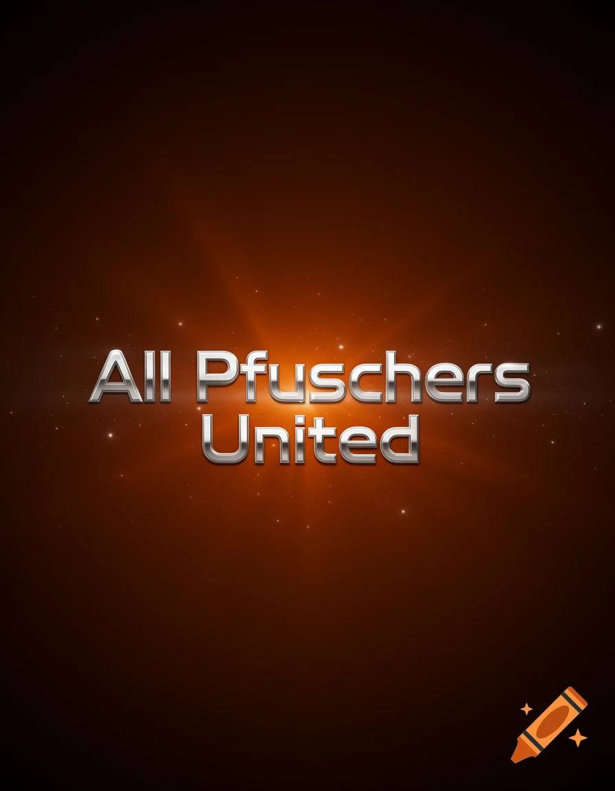Metallic, futuristic text 'All Pfuschers United' on a glowing dark orange background with small white specks.