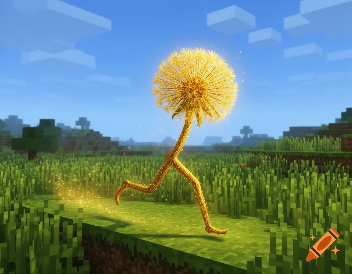 A golden dandelion with long legs runs through a blocky green Minecraft landscape, leaving a trail of sparkling gold dust.