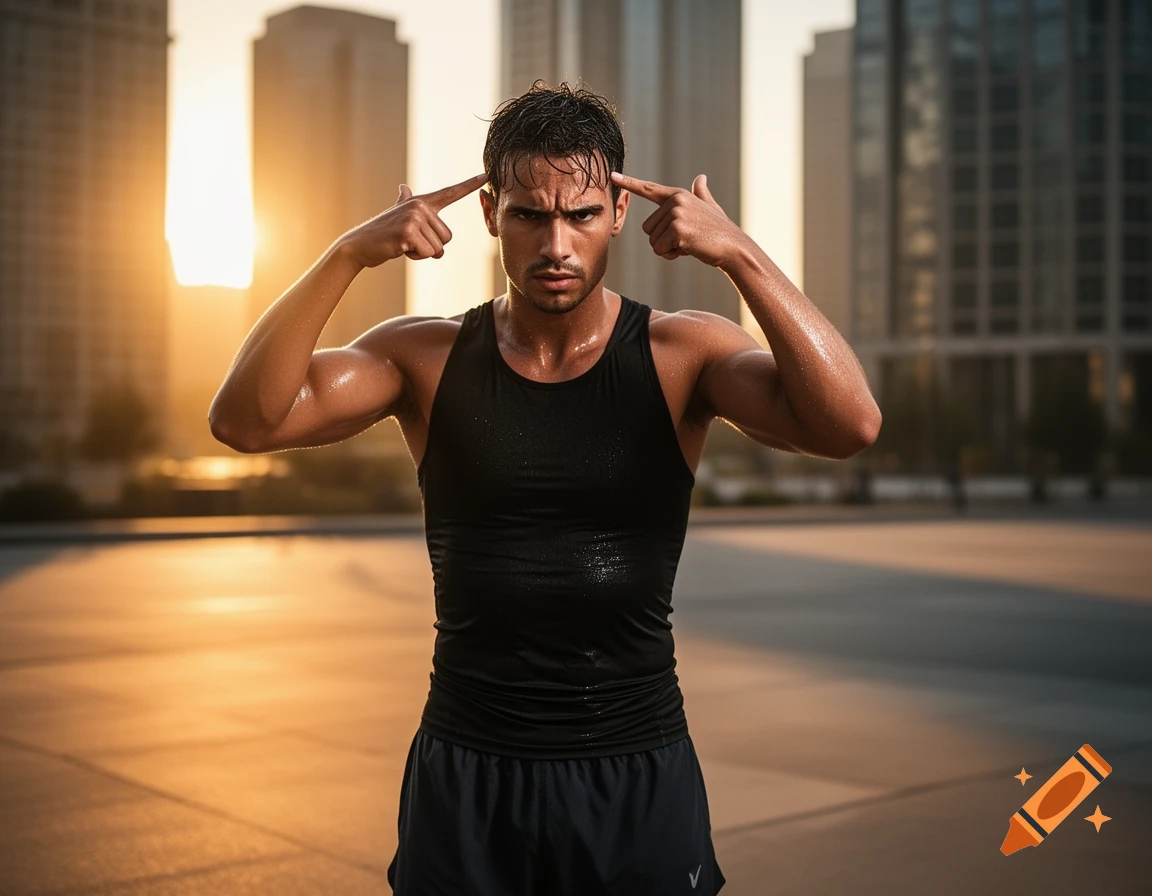 A sweaty, athletic man in a black tank top and shorts makes a thinking gesture against a golden hour city backdrop.
