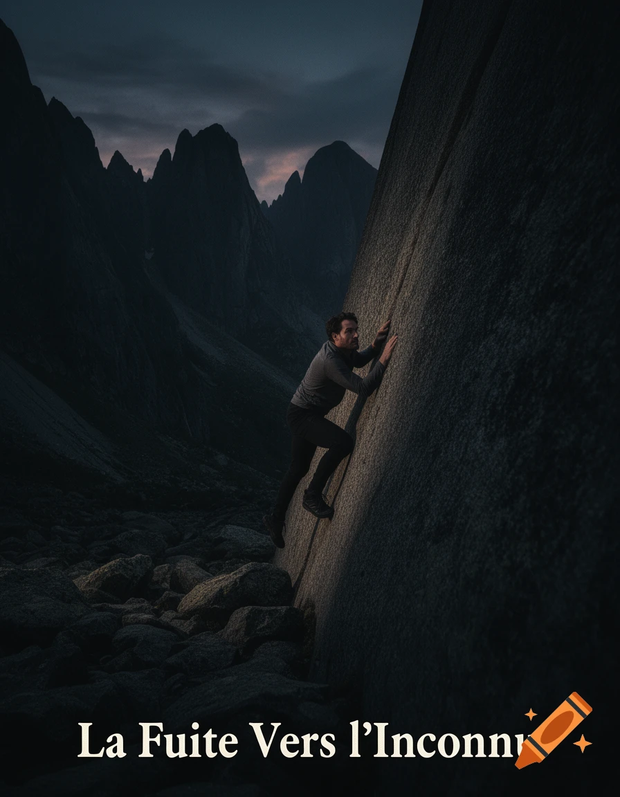Man climbing a dark rock face with jagged mountains in the background, text 'La Fuite Vers l'Inconnu' below.