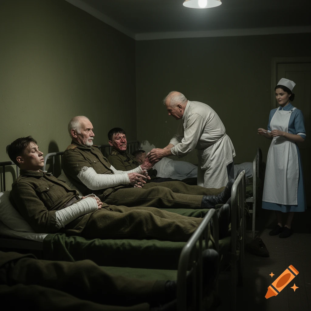 Photorealistic image of injured soldiers in a dimly lit military hospital ward, with a medic attending to one and a nurse nearby.