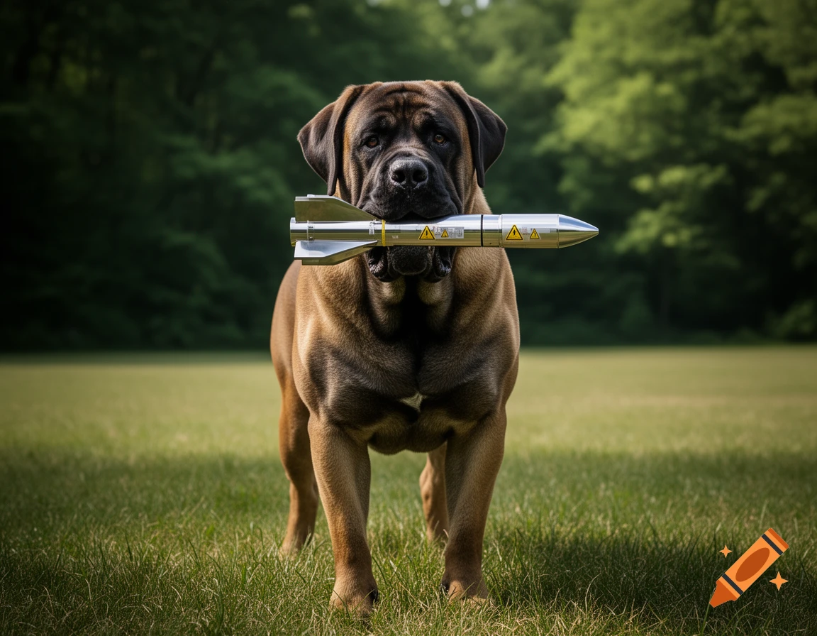 A large, muscular brown dog stands in a grassy field, holding a silver missile in its mouth.