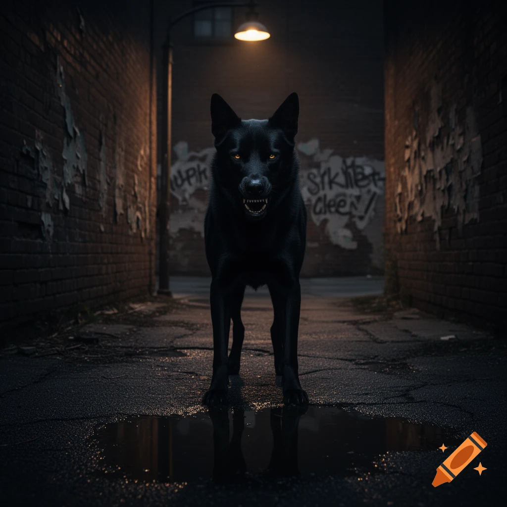 A menacing black dog with glowing orange eyes snarls in a dark, wet alley, its reflection in a puddle below a lone streetlamp and graffiti-covered walls.