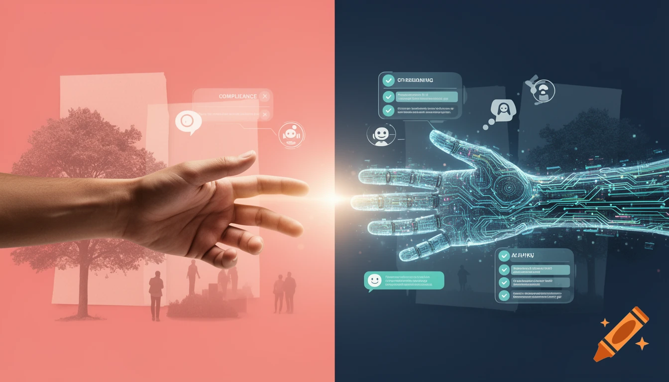 A human hand and a glowing circuit-patterned AI hand touch, symbolizing human-AI integration, set against a split background of nature and digital UI elements.