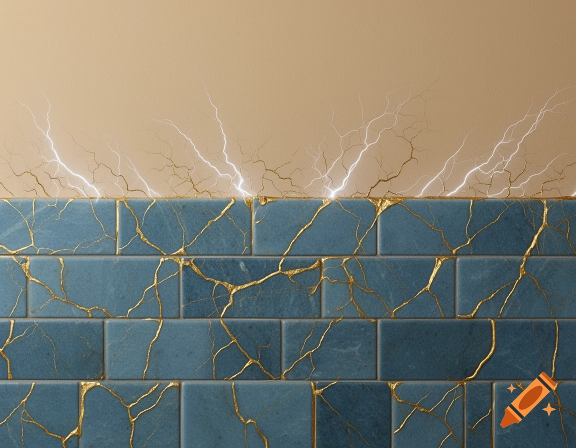 A wall with matte jade blue tiles featuring gold kintsugi cracks that transform into white lightning bolts on the beige wall above.