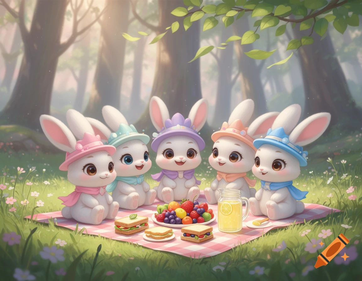 Five cute, pastel-colored chibi rabbits in hats and scarves have a picnic with fruit, sandwiches, and lemonade in a whimsical forest.