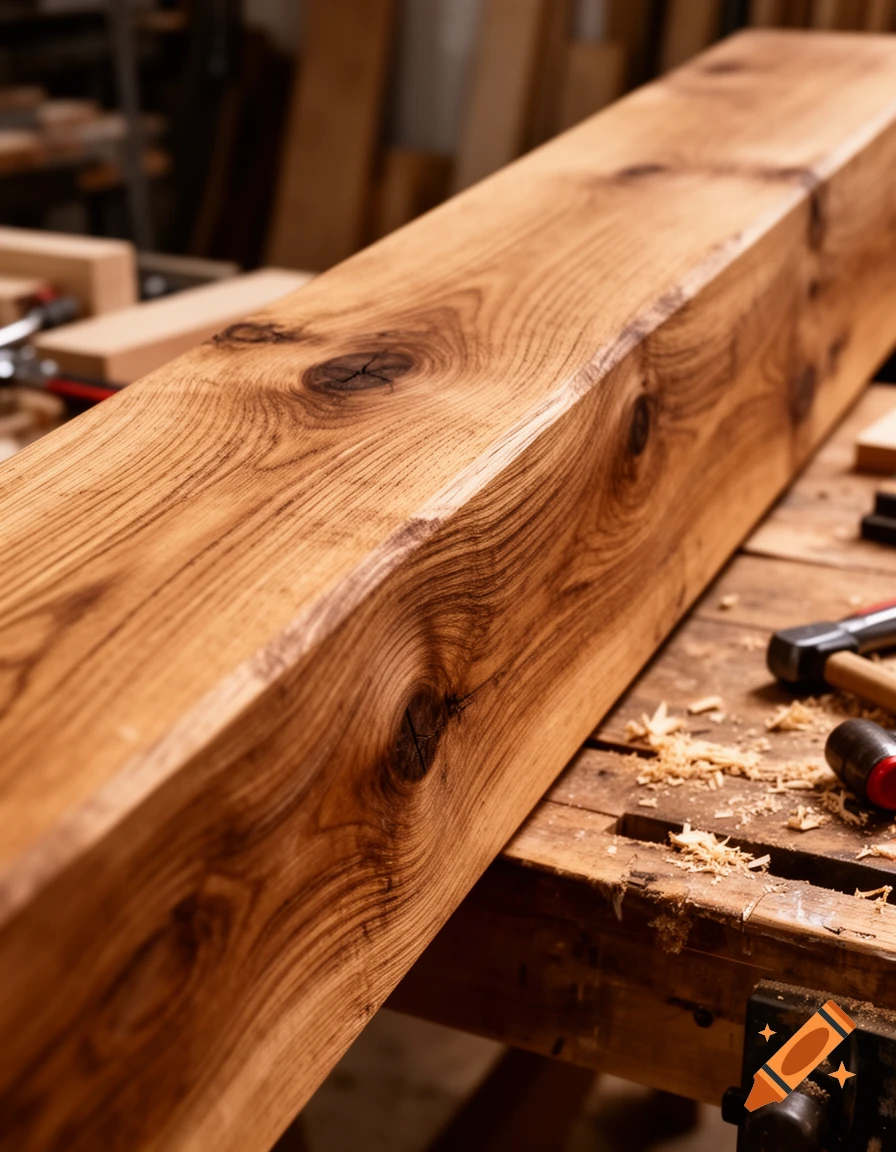 Close-up photorealistic shot of a large wooden beam with prominent grain and knots, resting on a workshop workbench.