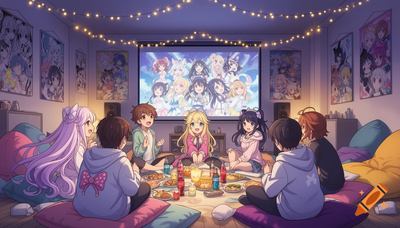 Anime friends gather for a sleepover, watching a movie projected on a screen, eating snacks, in a room decorated with string lights and posters.