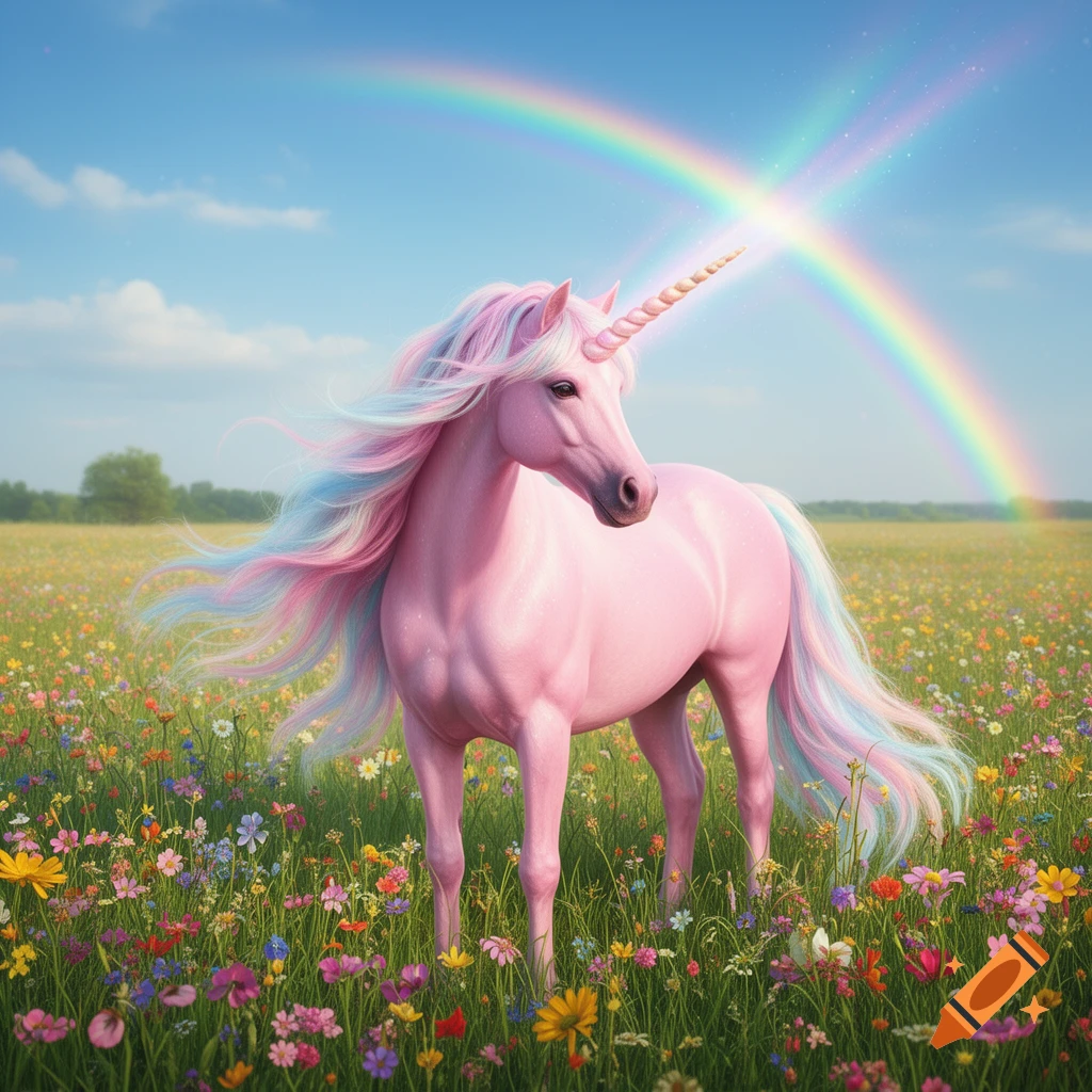 A pink unicorn with a colorful mane and tail stands in a vibrant field of wildflowers under a blue sky with two crossing rainbows.