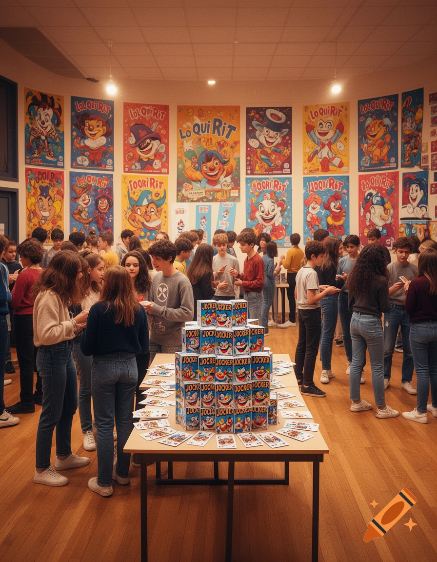 A group of young people gathered at a high school event, with posters featuring cartoon characters on the walls and stacked "Jocker" boxes and cards on a table in the foreground.