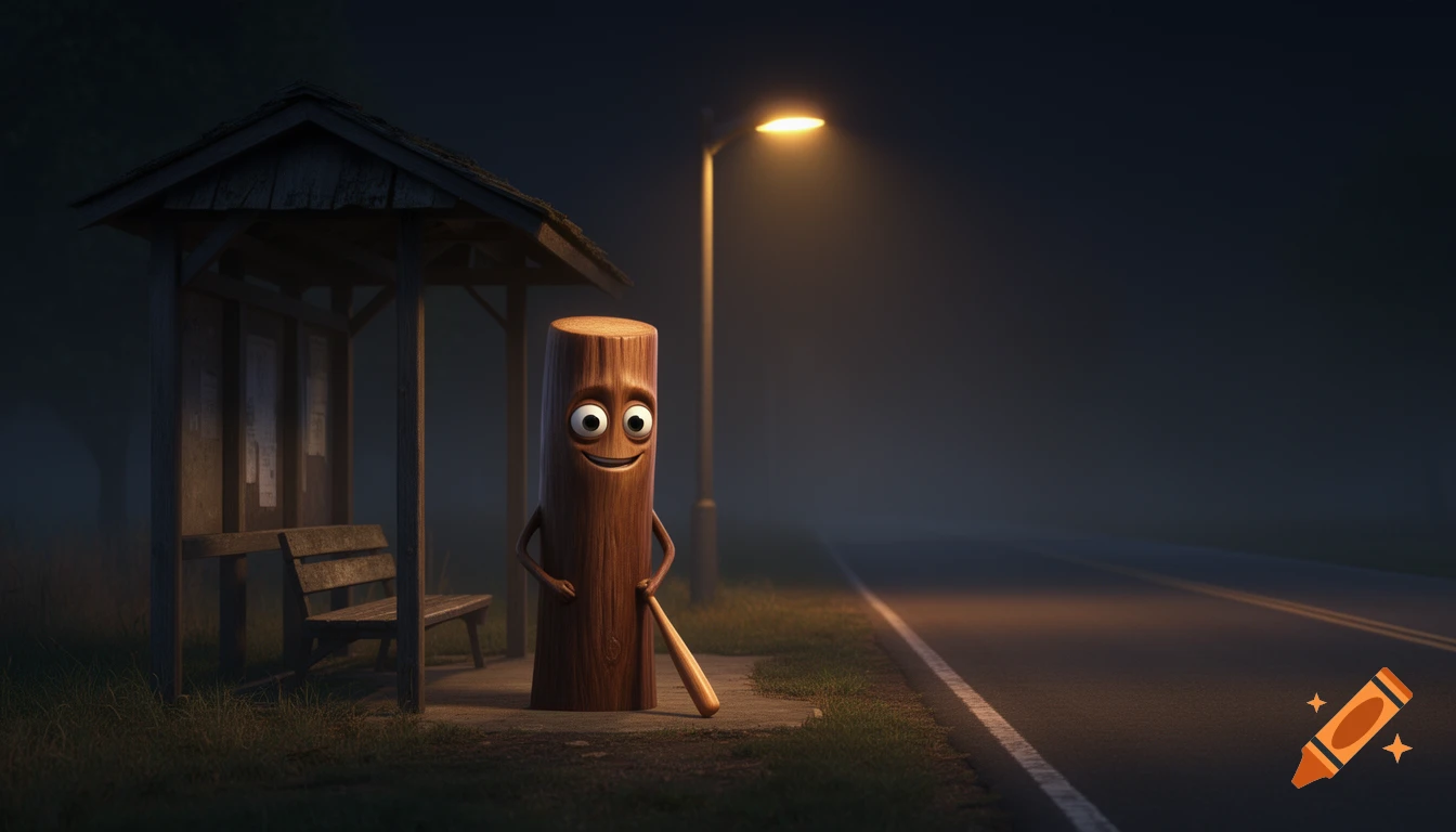 A stylized 3D wooden log character with a face stands at a rural bus stop at night, holding a bat under a street lamp.