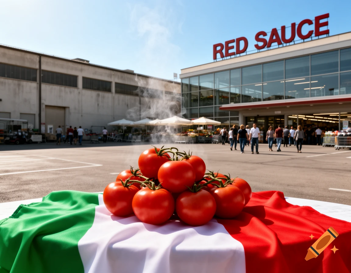 A pile of steaming red tomatoes on an Italian flag in front of a supermarket with "RED SAUCE" on its facade and people walking.
