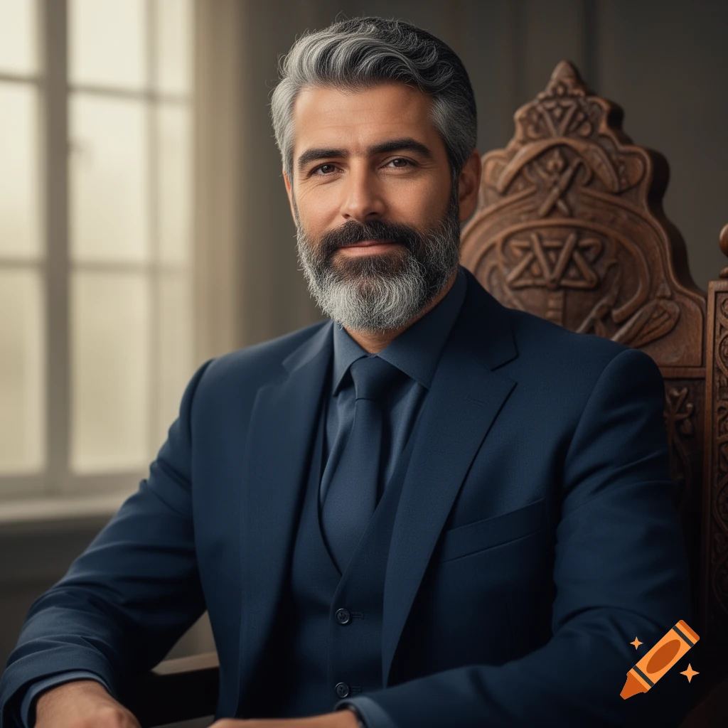 A well-groomed man with graying hair and beard, wearing a dark blue suit and tie, sits in a carved wooden chair.