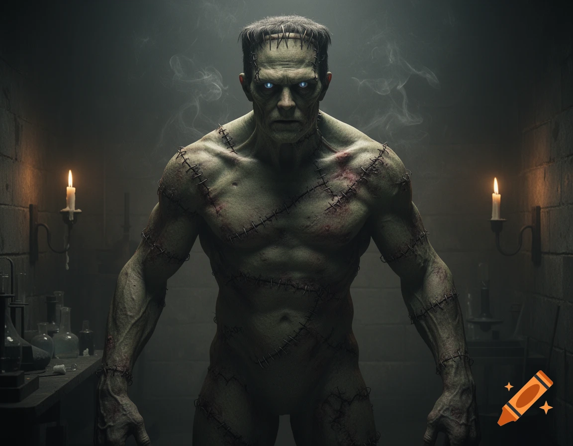 Photorealistic depiction of Frankenstein's monster with glowing eyes, standing in a dim, candle-lit stone room.
