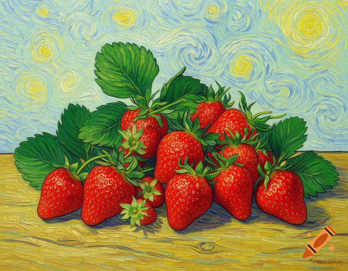 Van Gogh style painting of ripe red strawberries with green leaves on a textured wooden table against a swirling blue and yellow sky.