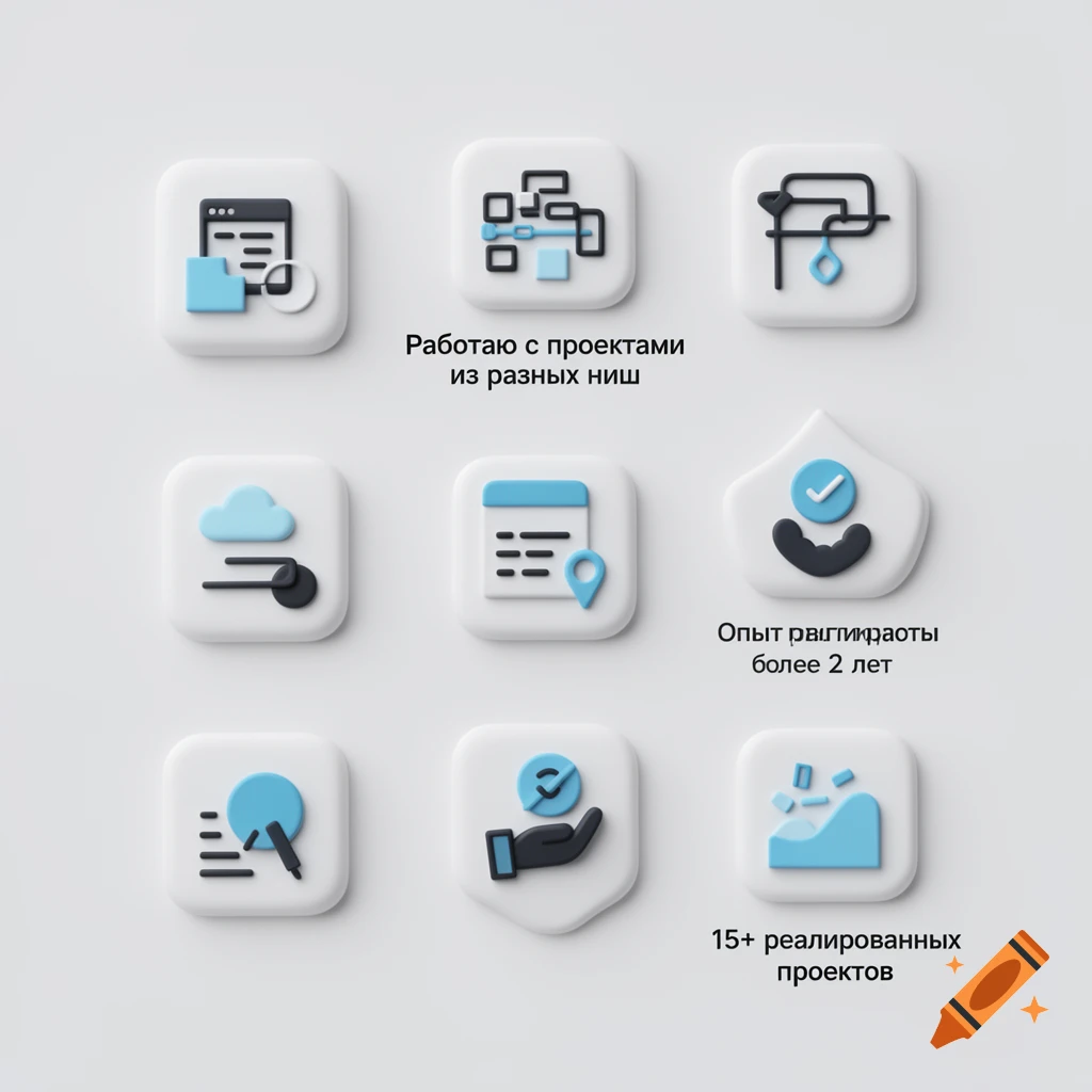 A grid of nine 3D neomorphic icons in white, black, and light blue, with Russian text describing projects and experience.