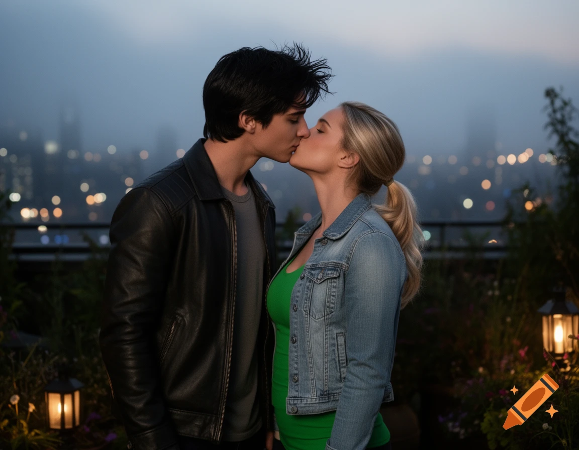 A young couple shares a kiss on a rooftop with a city skyline glowing in the misty background at dusk.