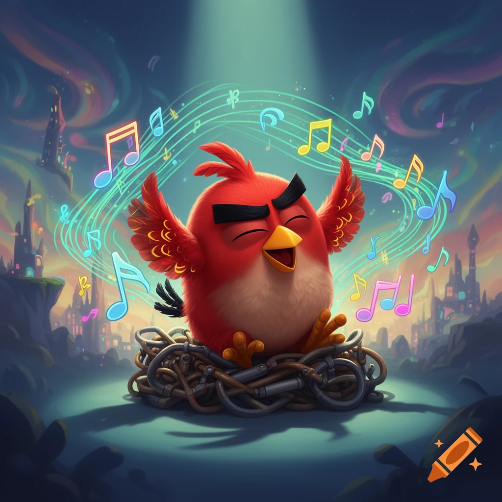 Red from Angry Birds sits smiling in a nest, surrounded by colorful musical notes in a vibrant fantasy landscape.