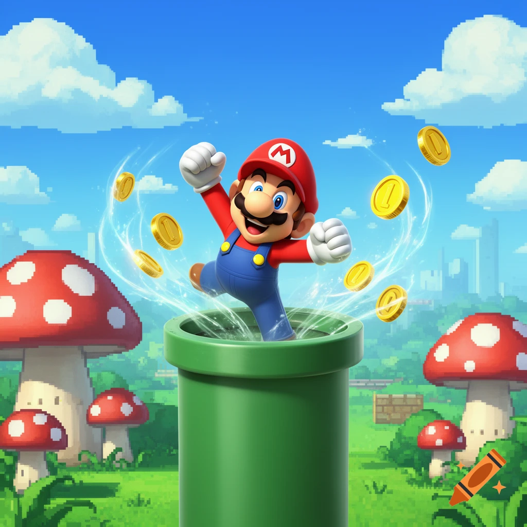 Super Mario jumps from a green pipe, surrounded by golden coins, in a vibrant pixelated video game world with mushrooms.