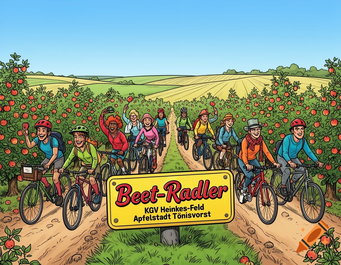 A group of diverse cyclists ride through an apple orchard under a clear sky, with a yellow sign reading 'Beet-Radler' in the foreground, in a comic style.