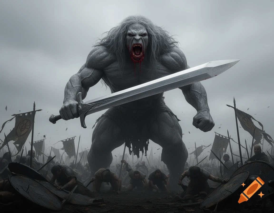 A colossal grey-skinned monster with long hair and a bloody mouth, wielding a great sword, towers over a terrified army on a grim battlefield.