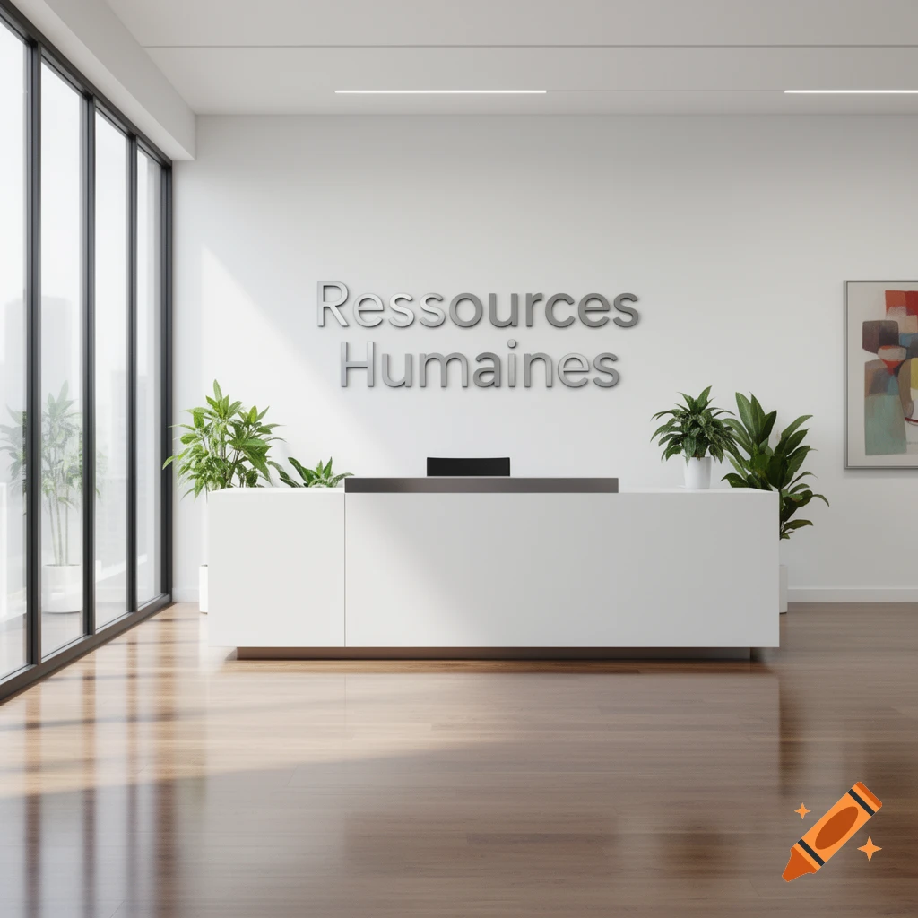 Modern office reception with "Ressources Humaines" sign on a white wall, a white desk, green plants, and large windows.