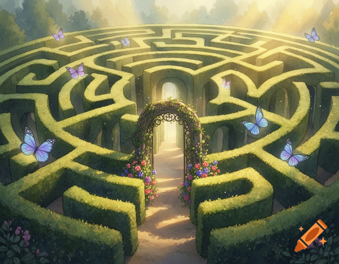 Watercolor illustration of a lush green hedge maze with a flower-covered archway, under a sunny sky with blue and purple butterflies.